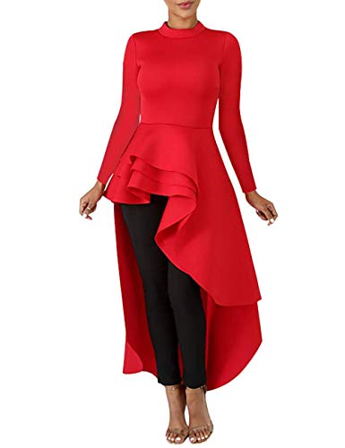 Lrady Women Ruffle High Low Asymmetrical Long Sleeve Peplum Tops Blouse Shirt Dress, Red, Medium #TOP6