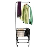 Rolling Laundry Hamper Basket Cart with Wire Storage Rack and Hanging Rack Black