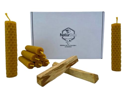8 Velas de Miel de Abeja + Palo Santo para Rituales 100% Natural Cera Pura(8 Velas 10 cm x .2 cm aprox + 2 Palo Santo) - Hechas a Mano - Origen España Sierra de La Culebra Zamora - SIN PARAFINA (pack)
