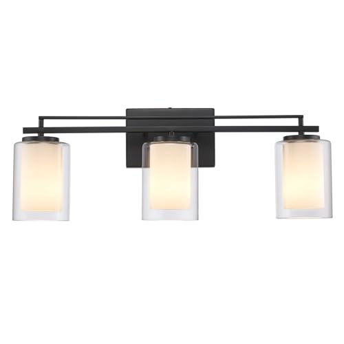 Image of TRANS GLOBE 22483 BK I Lisbon Collection 24 Inch Three-Light Bathroom Vanity - in a Black Finish | Metal Housing I Clear & Frosted Shades I Modern Contemporary Light Fixture |
