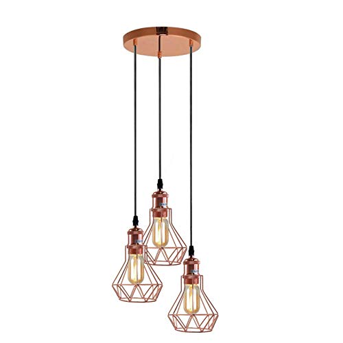 LEDSone 3 Head Vintage Loft Rose Gold Pendant Light Ceiling Lamp Hanging Lights Industrial Chandelier Lamp Wire Cage Shades with ES E27 Holder Fittings