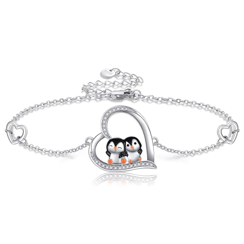 YAFEINI Pulsera de pingüino para mujeres y niñas, de plata de ley, con forma de corazón, pingüino, joyería para amantes de los pingüinos, regalos de joyería de Navidad, Plata de ley, Circonita cúbica