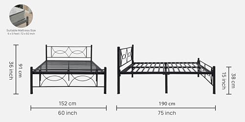Image of Luno Metal Queen Size Bed Without Storage | Wrought Iron Double Bed with Headboard & Footboard | Sturdy Powder Coated Platform Bed Queen Size Cot for BedroomLivingRoom Black (75x60)