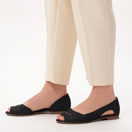 SHODENSE Women Open Peep Toe Flat Shoes Slip On Cutout Flat Sandals Round Toe Matte Leather Ballet Flats Office Work Comfort Flat Heel Summer Shoes for Ladies Girls Casual Driver Flats Club 4-11 M US3