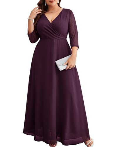 Image of ZOMVA Plus Size Maxi Formal Dress Lace Chiffon Floral V-Neck Wrap Wedding Guest Evening Gown Cocktail Prom 3 /4 Sleeves