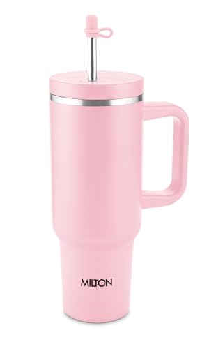 Image of MILTON My Tumbler 1200 Thermosteel Double Wall Vacuum Insulated Stainless Steel Tumbler with Handle 1100ml,Leak Proof Travel Mug with Straw,Silicon Cap Cleaning Brush, Hot & Cold Beverage Flask, Pink