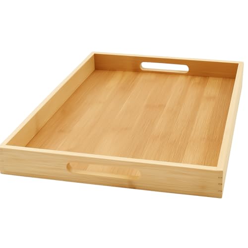 Bandeja Retangular Com Alça Para Servir Café da Manhã Mesa Posta MDF E Bambu Grande Decorativa Multiuso 33x22x3cm