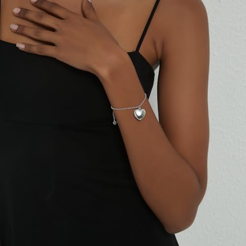 PERIMADE Custom Photo Locket Bracelet with Picture Inside, Personalized Text Message Heart Charm Bracelet that Holds Picture, Customized Sterling Silver Memorial Love Gift for Women Mom Best Friend3