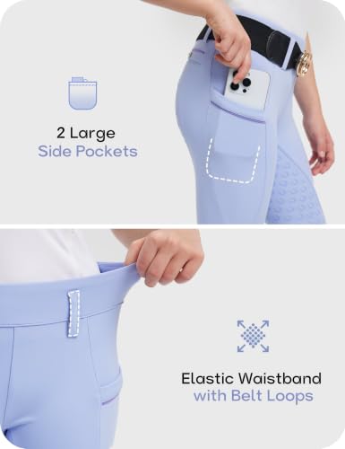 Image of FitsT4 Sports Girls Horse Riding Pants Full Seat Equestrian Pants Pockets | Non-Slip Silicone Grip, 4-Way Stretch Breathable, Zipper Pocket, Elastic Waistband for Secure Riding Training Lessons