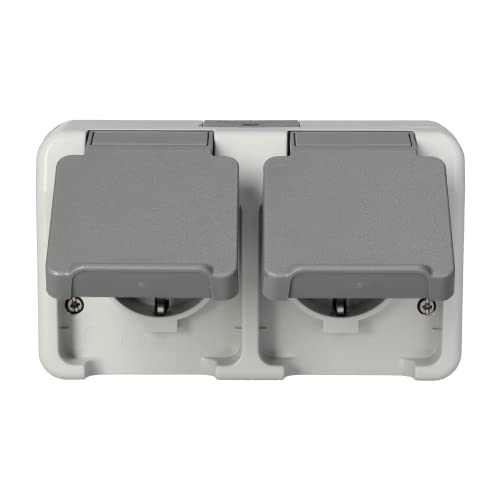 Schneider Electric Merten Schuko-Steckdose mit Klappdeckel, 2-fach, Aufputz, waagerecht angeordnet, IP44, Aquastar, lichtgrau, Artikelnummer MEG2321-8029