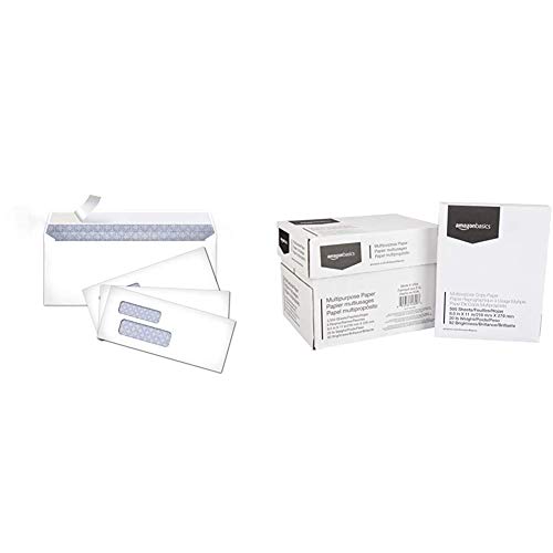 AmazonBasics #9 Envelopes with Peel & Seal, Double Window, Security Tinted, 500-Pack & Multipurpose Copy Printer Paper - White, 8.5 x 11 Inches, 5 Ream Case (2,500 Sheets)