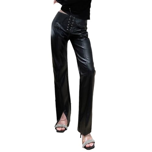 EMOTTOS Pantalones de Cuero para Mujer, Látex PU Pantalones Rectas de Cintura Media con Tirantes Ajustables, Elásticos Jeans con Bajos Divididos, Pantalon Ropa de Calle para Fiestas Club, Negro, M