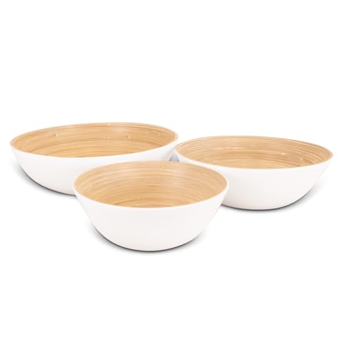 LEXA Bamboo 3-Piece Bowl Set – 12, 10 & 8 Inch Natural Bamboo Bowls, Handmade Serving & Salad Bowls, Versatile for Meals, Snacks & Décor, White