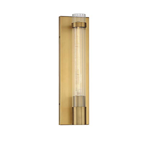 Image of Savoy House 9-996-1-322 Willmar Industrial Modern Clear Ribbed Glass Rectangular Wall Sconce, 1-Light 60 Watt, 16 inch H x 5 inch W, Warm Brass
