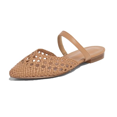 Image of Mesh Mules for Women Comfy Raffia Woven Strap Closed Pointed Toe Mule Flats Casual Slip on Dress Slides Flats