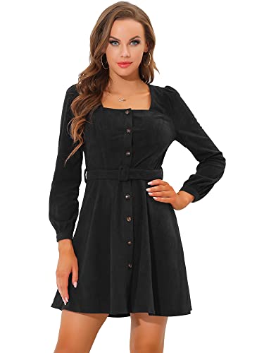 Allegra K Damen Langarm Eckigem Ausschnitt Knopfleiste Gürtel Cordkleid...