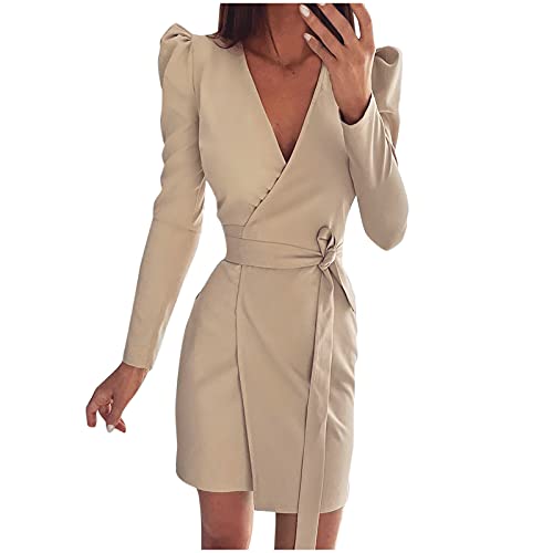 Robes de fête élégantes pour femme - Robe décontractée unie - Col en V - Manches longues - Robe sexy - Mini robe de cocktail, kaki, L Cover