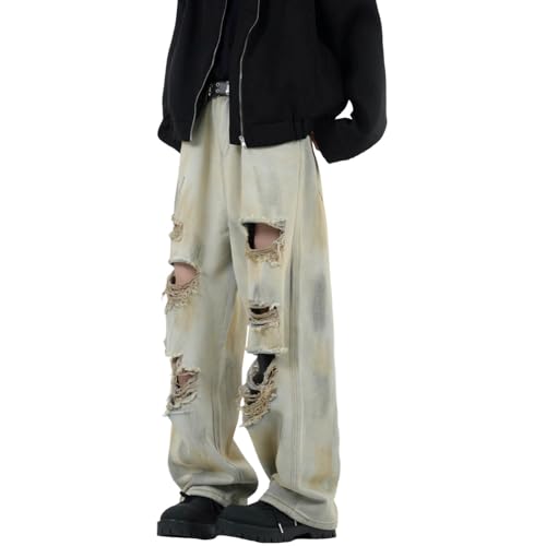 Pantalon Jeans Décontracté Homme Large Peinture Artistique Main Style Hip-Hop Déchiré Décoloré Teinture Argile Jaune Tendance Urbaine (Blue, L)