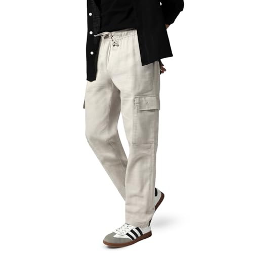 Image of Urbano Fashion Men's Straight Fit Linen Cargo Pants with 6 Pockets