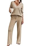 Ekouaer Pajamas for Women 2 Piece Lounge Set Fuzzy Fleece Long Sleeve Pullover Sweater Top Wide Leg Pants Set Outfits Khaki，Large