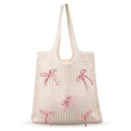 Clysee Crochet Tote Bag with Bows, Pink, Summer Beach Bag