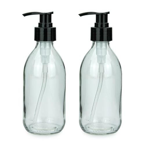 mikken 2 Seifenspender 250 ml Lotionspender Shampooflaschen Glas klar lebensmittelecht inkl. Beschriftungsetiketten