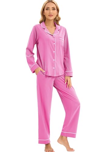 Image of LUBOT 100% Cotton Pajamas for Women Pajama Set Soft 2 Piece Sleepwear PJ Set Long Sleeve Knit Button Cozy Loungewear XS-XXL