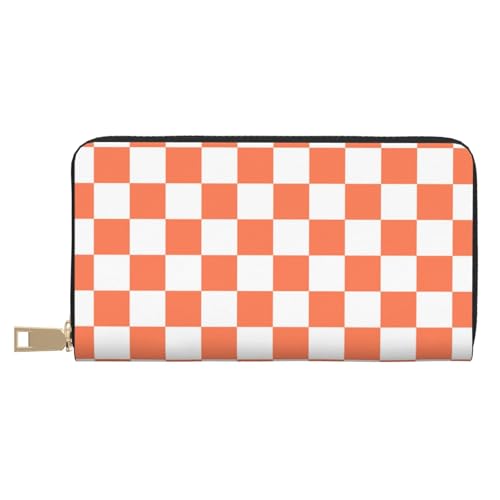 White Orange Checkerboard Print Wallet Women Men, Long PU Leather Wallets for Women, Cute Womens Travel Wallet Purse Pouch with Zipper Pocket