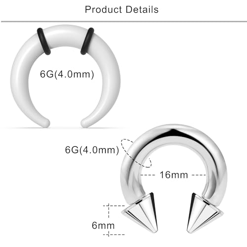 Lcolyoli Large Septum Rings 14G 12G 8G 6G 4G PA Ring Internally Threaded Spike Horseshoe Barbell Stainless Steel & Acrylic Plastic Pincher Tapers C Shape Buffalo Stretcher Expander for Women Men2