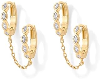 PAVOI 14K Gold Chain Earrings for Women, Cubic Zirconia Pearl Hoop Earrings for Women