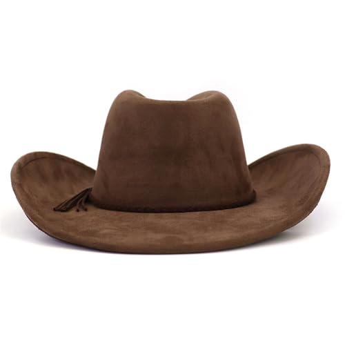 Image of Western Cowboy Hat for Women Men Classic Fedora Hats Wide Brim Suede Cowboy Hat for Women with Buckle Belt