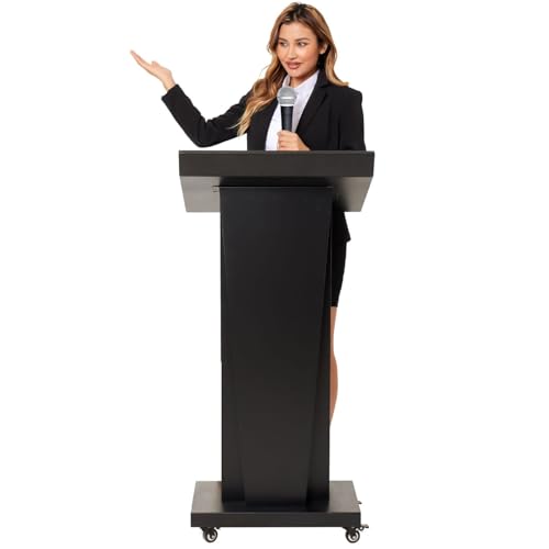 BERPET Podium Stand with 4 Locking Wheels, Lecterns & Podiums for Church School Office Conference Home, Heavy Duty Metal, Large Storage Area, Slant Desktop, 50.4" H