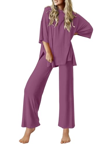 Image of Ekouaer Lounge Sets for Women Short Sleeve Tops and Long Pants Soft Comfy Pajamas Set 2 Piece Outfits