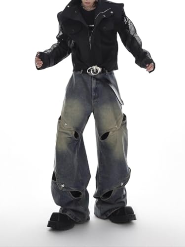 Men's Vintage Flared Leg Denim Jeans Hollow Out Denim Pants Wide Leg Pants Y2K3