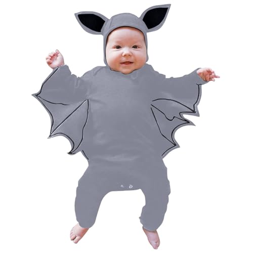 Generisch Disfraz de murciélago para bebé, disfraz de murciélago negro de manga larga con gorros, gris, 12-18 meses