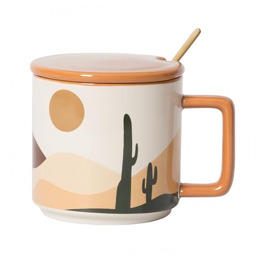 HUMOCHUSON Taza Con Tapa Taza De Café De Cerámica Color Morandi De 450 Ml Con Tapa Y Cuchara, Adecuada Para Bebidas Frías Y Calientes.