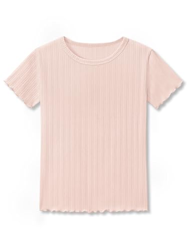 Girls Short Sleeve Shirts Pointelle Knit Lettuce Trim Tee Shirt Tops - Little Girl Light Pink Blouse Size 6-16