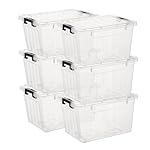 Lidded Storage Bin, Stackable Plastic Storage Box with Snap Lock Lid, Clear, 18 Quart, Pack of 6