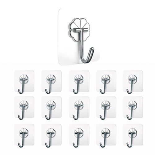Image of CERLINK Self Adhesive Wall Hooks 15 Pack | Heavy Duty Transparent Sticky Hooks for Wall | No Drill, Waterproof, Strong Hold Hooks for Kitchen, Bathroom & Home (Pack of 15)