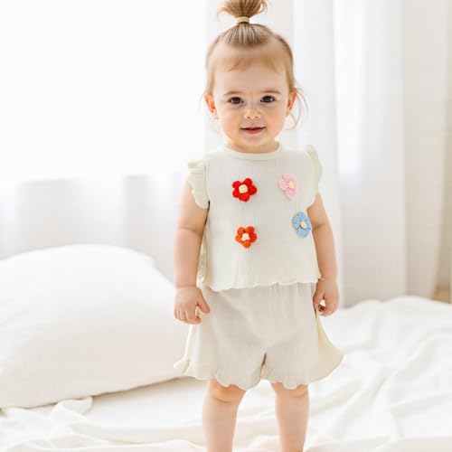 MA&BABY Toddler Girls Shorts Set Summer Sleeveless 3D Flower Tank Top and Shorts Summer T-Shirt 2-piece Outfit Clothes3