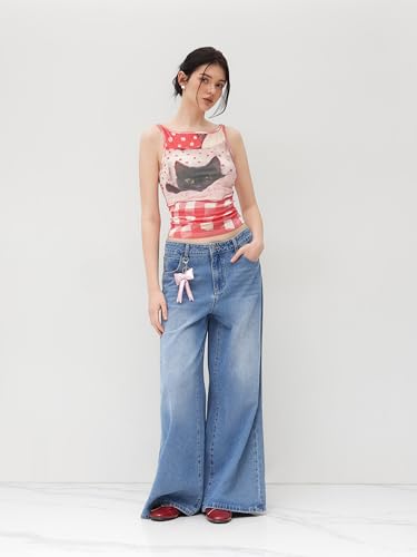 CIDER Tank Tops for Women Cat Graphic Gingham Ruched Sleeveless Crop Top Boat Neck Top Cute Tank4