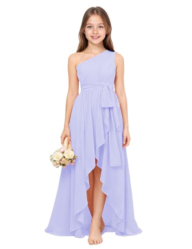 Junior Bridesmaid Dresses for Teen Girls One Shoulder Chiffon Flower Girl Dress Sleeveless for Wedding Party Pageant