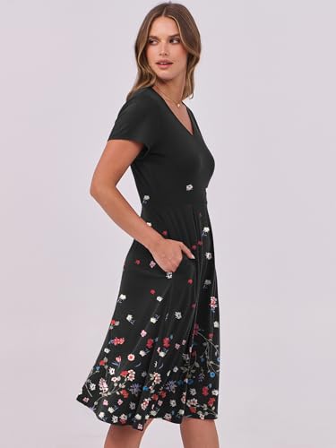 Image of ANRABESS Women Summer Dress Casual Short Sleeve V Neck A-Line Knee Length Pleated Flowy 2026 Fashion Midi Dresses with Pocket