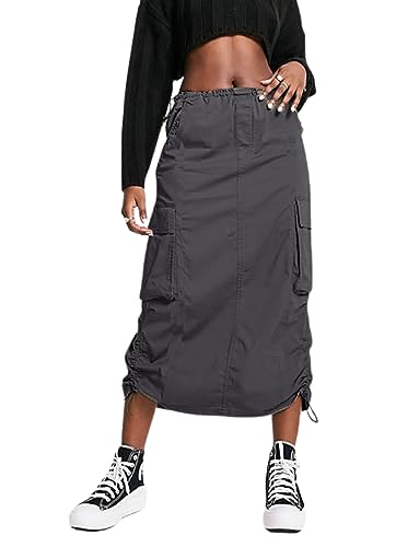 BLUEMING Women Y2k Cargo Long Skirt Low Waist Drawstring Maxi Skirt Ruched Vintage Slit Cargo Skirt with Pockets_Grey_S-1