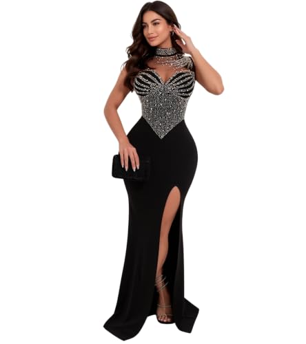Image of PORRCEY Women's Sexy Rhinestone Lace Sheer Mesh Formal Evening Dress