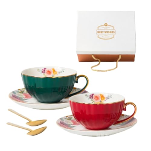 xixining ティーカップ コーヒーカップ ソーサー セット 花柄 セラミック 紅茶 カボチャの形 コーヒーかっぷとソーサーセット スプーン付き エレガント おしゃれ 華やか 北欧 結婚祝い 新築祝い 母の日 プレゼント ギフトボックス (2点セット-