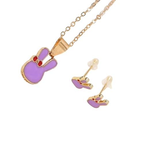 FANSHINUO ユニークなウサギのイヤリングとネックレスセット 女性と子供向け ファッションジュエリー 快適な着け心地の合金素材, Chain length: 38+5cm, 金属