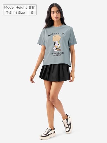 Image of The Souled Store Official Peanuts: Only Dogs Women and Girls Short Sleeves Round Neck Blue Graphic Printed Cotton Relaxed Fit T-Shirts