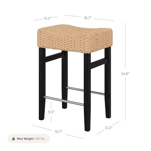 Nathan James Harvey Rattan Bar Stool, Bohemian Counter Height Stool with Woven Seagrass Seat, Solid Wood Legs, and Metal Footrest Seagrass/Brushed Black, Set of 4 by Nathan James - Image 4
