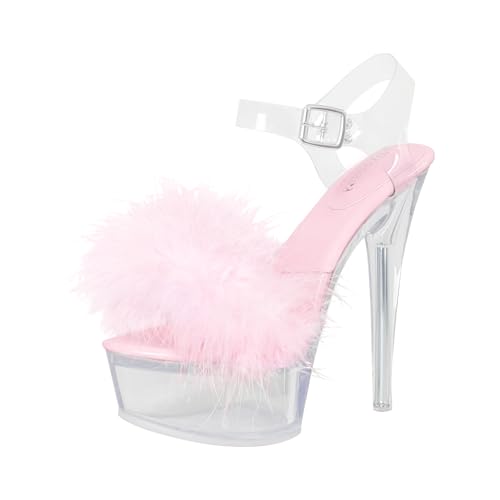 Fantoesay Womens Heeled Sandals Sexy Fluffy Platform Stilettos Ankle Strap Clear High Heels Party Wedding Dress Shoes Pink Size7.5